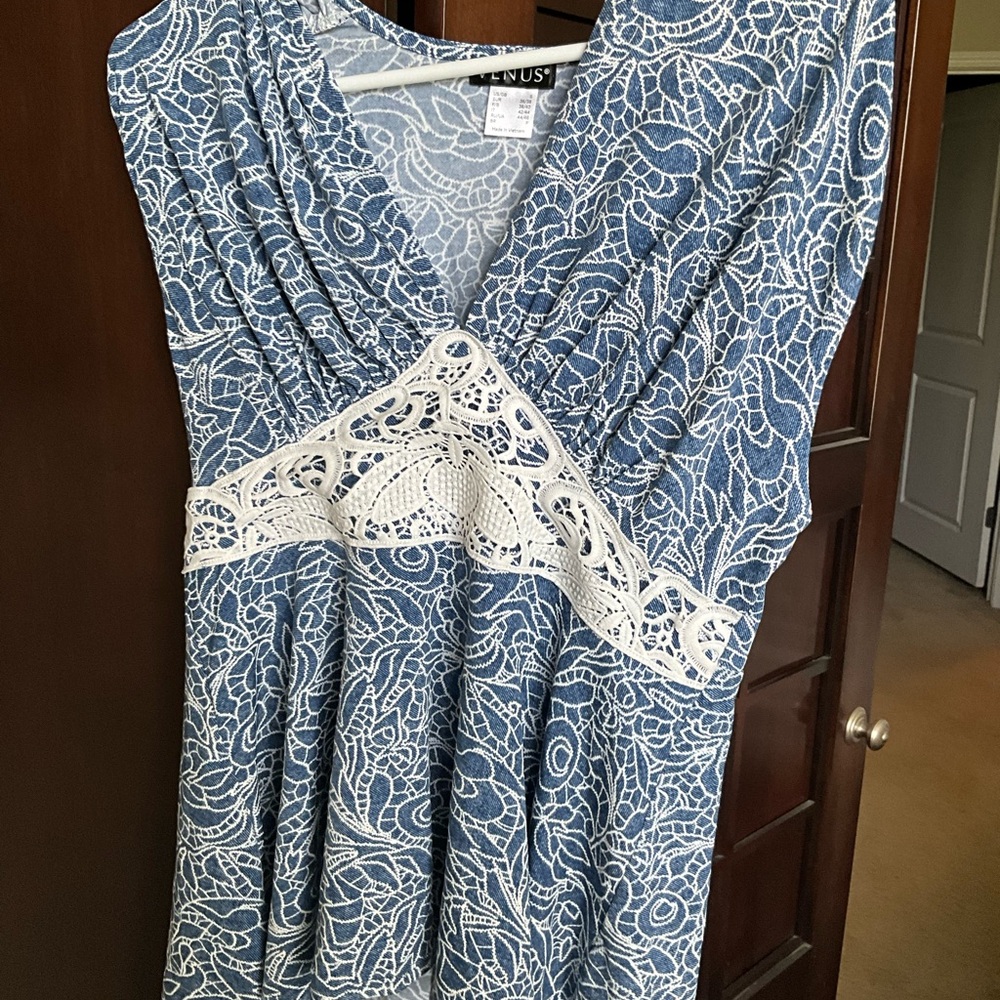 VENUS Blue Dress with White Lace Overlay